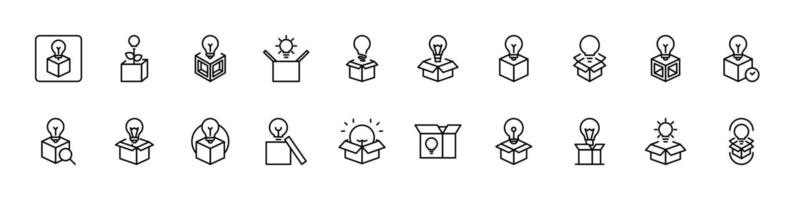 Light Bulb in Box Thin Line Icon Set. Outline Signs for Graphic and Web Design, Apps, Adverts, Various Cards vector