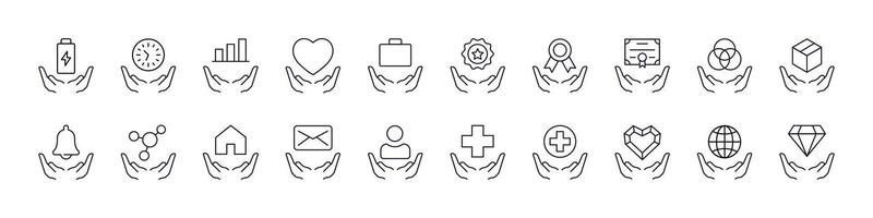 Pack of Suitcase, Circles, Heart, Cross on Hand Related Line Icons. Outline Signs for Graphic and Web Design, Apps, Adverts, Various Cards vector
