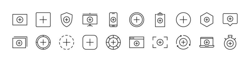 Plus or Add Collection of Thin Icons. Editable Stroke. Perfect for Web Sites, Books, Cards, Apps vector