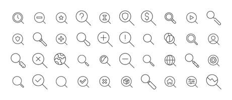 Magnifying Glass Line Icon Collection. Outline Signs for Graphic and Web Design, Apps, Adverts, Various Cards vector
