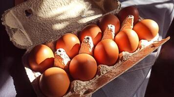 A carton filled with fresh, brown eggs, beautifully lit to highlight their natural color and unique texture. Small business. Eco product, household. Home cooking. photo