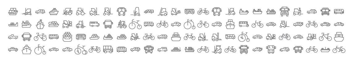 Bus, Ship, Tractor, Bicycle, Car Pack of Thin Icons. Editable Stroke. Perfect for Web Sites, Books, Cards, Apps vector
