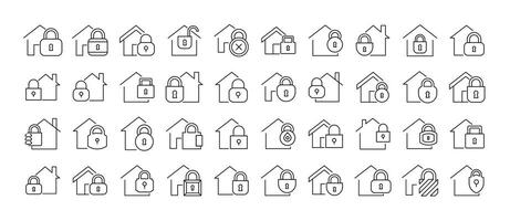 House with Lock Outline Web Line Icons Collection. Minimalistic Linear Pictogram for Web and Graphic Design, Apps, Banners, Social Network and Cards vector
