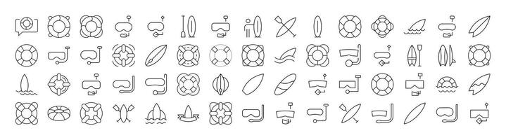 Bundle of Line Icons of Surfboard, Lifeline, Diving Mask. Minimalistic Linear Pictogram for Web and Graphic Design, Apps, Banners, Social Network and Cards vector