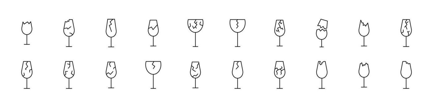 Broken Glass of Wine Line Icon Set. Minimalistic Linear Pictogram for Web and Graphic Design, Apps, Banners, Social Network and Cards vector