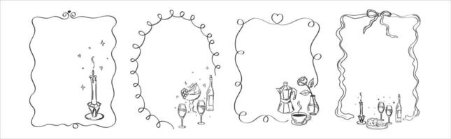 Set of decorative frames for romantic holiday with wine,cheese and fruit, coffee.Template of menu sketches in vintage frame,template of invitations, greeting cards vector