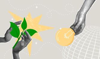 Trendy halftone collage. Green sprout in caring hands. Concept of caring for our planet, Green energy, sprout, innovation. vector