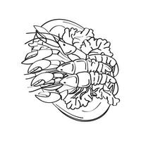 Sketch illustration of lobster dish with salad leaves. Line drawing. Elegant vintage template with hand drawn lobsters on a plate decorated with salad leaves vector