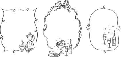 Set of decorative frames for romantic celebration with wine, fruit, coffee.Menu thumbnail template in vintage frame,invitation template. vector