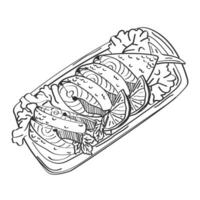 Hand drawn sketch of baked fish. Cooked fish cut into pieces on rectangular plate with salad leaves, parsley and lemon. illustration vector