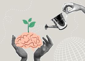 Trendy halftone collage. Brain development - concept of growth, learning and development. The concept of learning, self development, positive attitude towards learning new things vector