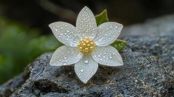 Delicate white flower with water droplets resting on dark stone. photo