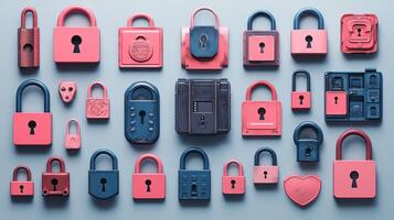 Assorted Padlocks, Flat Lay, on Light Blue Background, Digital Security Concept photo