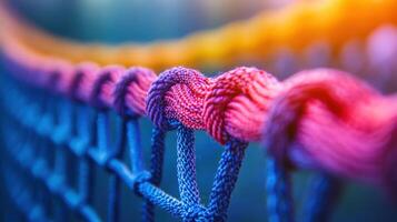 Close-up of colorful ropes tied to a net. Vivid hues of pink and purple ropes tied together, creating a textured, intricate design against a dark blue net. photo