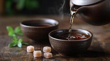 Dark tea being poured into small bowls on a wooden table with sugar cubes and mint leaves photo