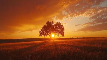 Single tree silhouetted against a vibrant sunset over a golden field. photo