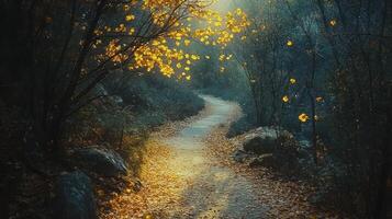 A winding pathway through a mystical autumn forest, illuminated by golden sunlight filtering through the leaves. Fallen autumn leaves carpet the path, creating a serene and enchanted atmosphere. photo