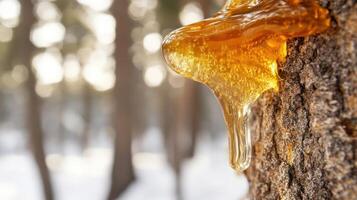 Resin dripping from tree trunk in winter forest photo