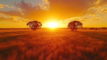 Golden sunset over a vast grassy plain with silhouetted trees. photo