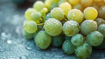 Fresh green grapes covered in water droplets on a dark surface. photo