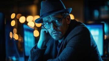 Pensive man in glasses and hat, seated at a desk with computers at night, looking thoughtful and concerned. photo