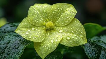 Close-up of a vibrant yellow flower with dew drops, lush green leaves in background. Possible use Botanical, nature photography photo