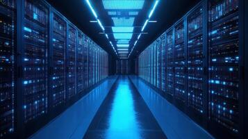 Modern server room interior, blue light, rows of racks, empty corridor photo