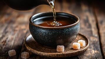 Pouring tea into dark bowl with ginger candies on rustic wood photo