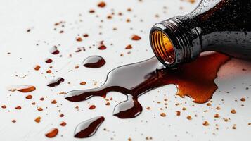 Spilled dark liquid from overturned bottle on white surface photo