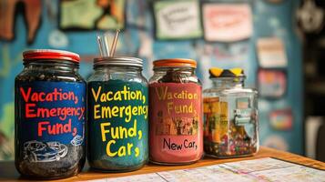 Colorful jars with vacation, emergency, and new car funds on a table, colorful wall in background. Possible use Saving concept, financial planning photo