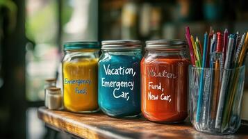 Jars of savings for vacation, emergency car, and new car, with art supplies in background, on wooden counter photo