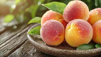 Fresh apricots on rustic wooden table, glistening with dew drops photo