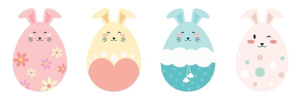Cute Easter Eggs Featuring Bunnies, Chicks, Carrot, and Colorful Patterns. vector