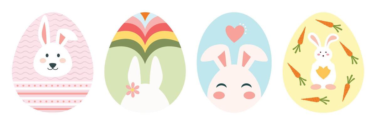 Colorful Easter Egg Collection with Bunnies, Flowers, and Patterns. Flat Illustration Set