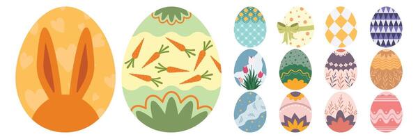 Cute Easter Eggs Featuring Bunnies, Chicks, Carrots, and Colorful Patterns vector