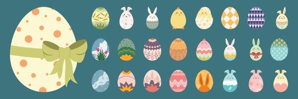 Cute Easter Egg Featuring Bunnies, Chicks, Carrots, and Colorful Patterns. vector