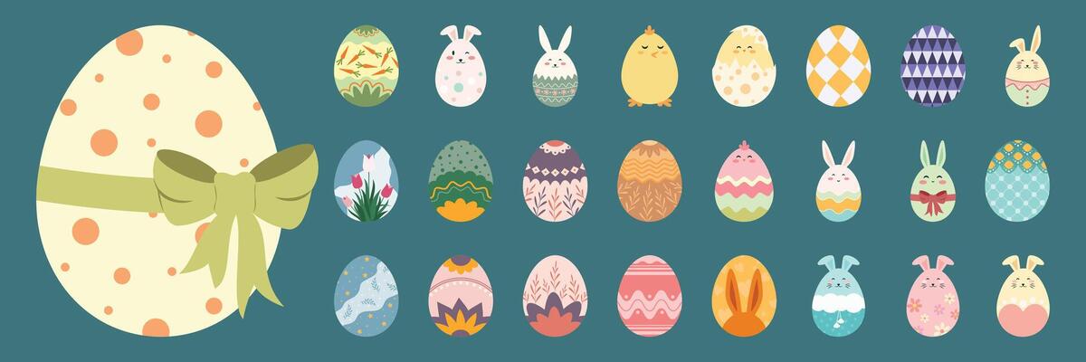 Cute Easter Egg Featuring Bunnies, Chicks, Carrots, and Colorful Patterns.