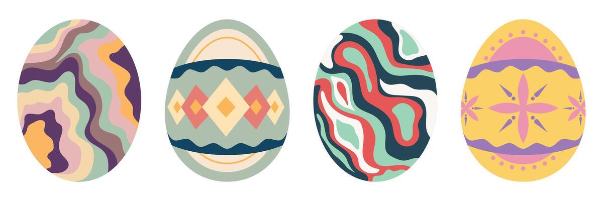 Easter Egg Illustrations Set with Rabbit, Flowers, Carrot and Colorful Patterns.