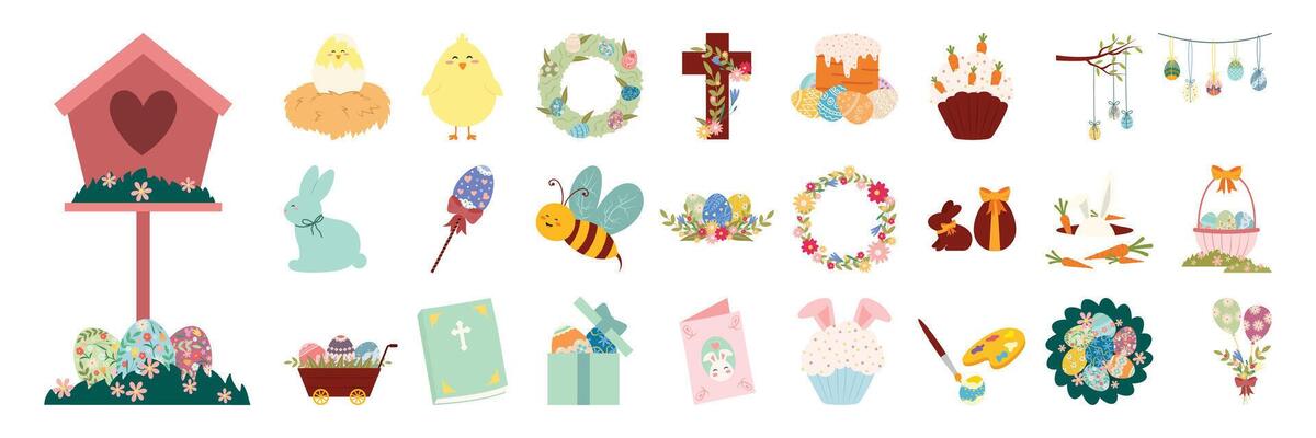 Cute Easter Illustrations with Eggs, Cakes, Flowers or Animals, and Decorations Elements.