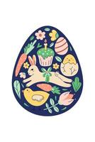 Happy Easter Egg Shape Pattern With Bunny, chicken And Flowers. Greeting hand drawn card on dark background. Flat illustration with partial outline. illustration. vector