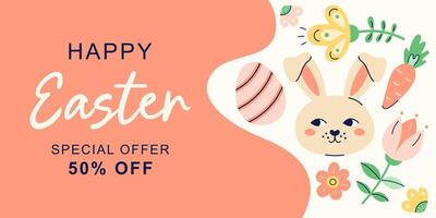 Happy Easter horizontal banner with hare on beige and orange background. Design with text for discount. Happy Easter hand drawn card. Flat illustration with partial outline. illustration. vector