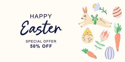 Happy Easter horizontal banner with hares, chicken and flowers around the edge on beige background. Design with text for discount. Happy Easter hand drawn card. Flat illustration with partial outline. illustration vector
