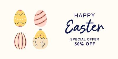 Happy Easter horizontal banner with 4 Easter Eggs on beige background. Design with text for discount. Happy Easter hand drawn card. Flat illustration with partial outline. illustration. vector