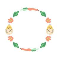Happy Easter Round frame with chicken, carrot and flowers. Happy Easter hand drawn card on white background. Empty space for inscription in the center. Flat illustration with partial outline. Isolated illustration. vector
