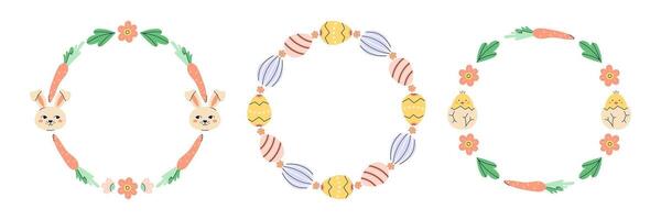 Happy Easter Round 3 frames with chicken, hares and eggs. Happy Easter hand drawn card on white background. Empty space for inscription in the center. Flat illustration with partial outline. Isolated illustration. vector