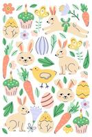 Happy Easter vertical poster with bunny and different elements. Greeting hand drawn card on white background. Flat illustration with partial outline. Isolated illustration. vector