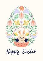 Happy Easter Egg Shape Pattern With Bunny And Flowers. Design with text on beige background. Greeting hand drawn card. Flat illustration with partial outline. illustration. vector