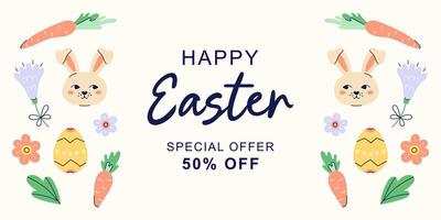 Happy Easter horizontal banner with hares, carrot and flowers on left and right edge on beige background. Design with text for discount. Happy Easter hand drawn card. Flat illustration with partial outline. illustration. vector