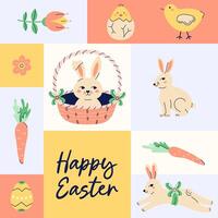Happy Easter square banner with hares, a chicken and flowers. Design with text. Happy Easter hand drawn card. Flat illustration with partial outline. illustration. vector