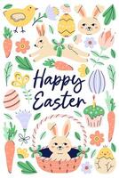 Happy Easter vertical poster with bunny in basket and different elements. Greeting hand drawn card on white background. Flat illustration with partial outline. Isolated illustration. vector